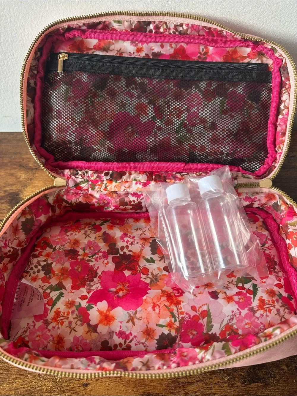 Ted Baker Blush Pink Makeup Case with Floral Interior Dual Compartments NWT